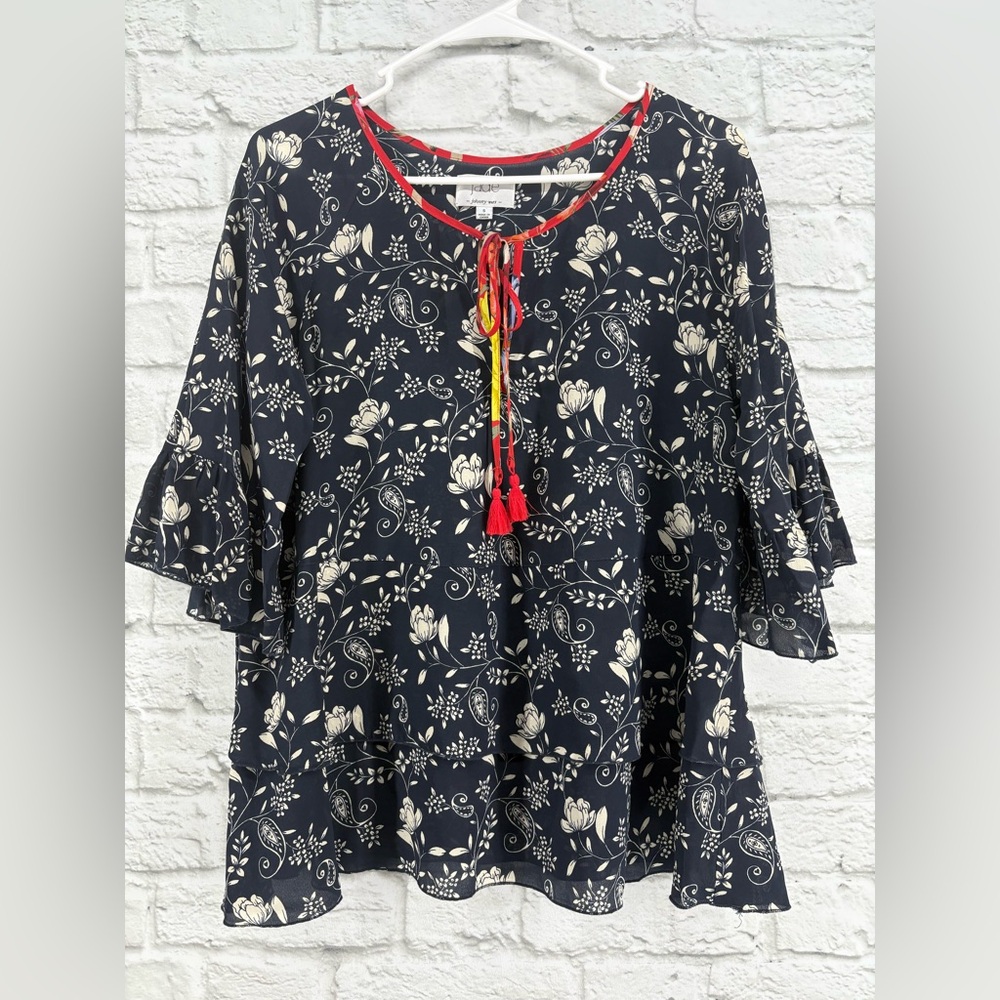 Jade by Johnny Was‎ Silk Blouse Paisley Floral Blue Red Small
